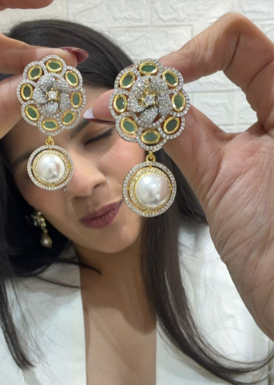 Diamond Floral Pearl Drop Earring