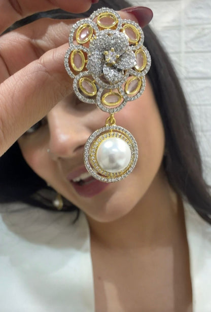 Diamond Floral Pearl Drop Earring