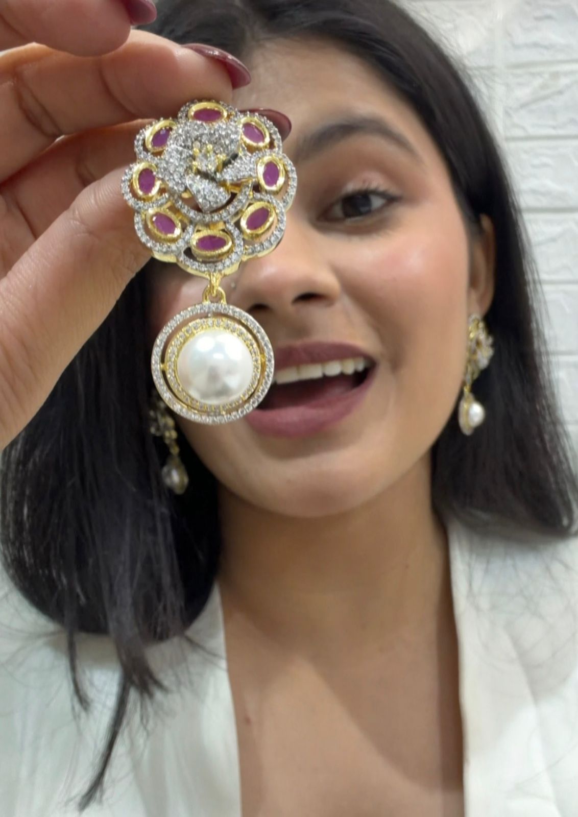 Diamond Floral Pearl Drop Earring