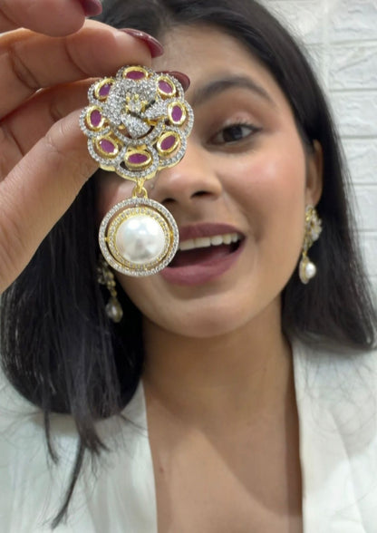 Diamond Floral Pearl Drop Earring
