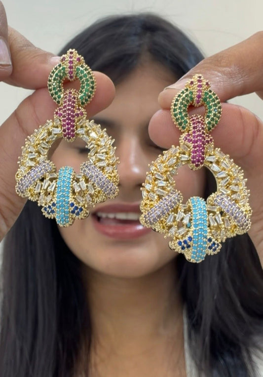 Peacock Design American Diamond & Multicolor Stone Earrings